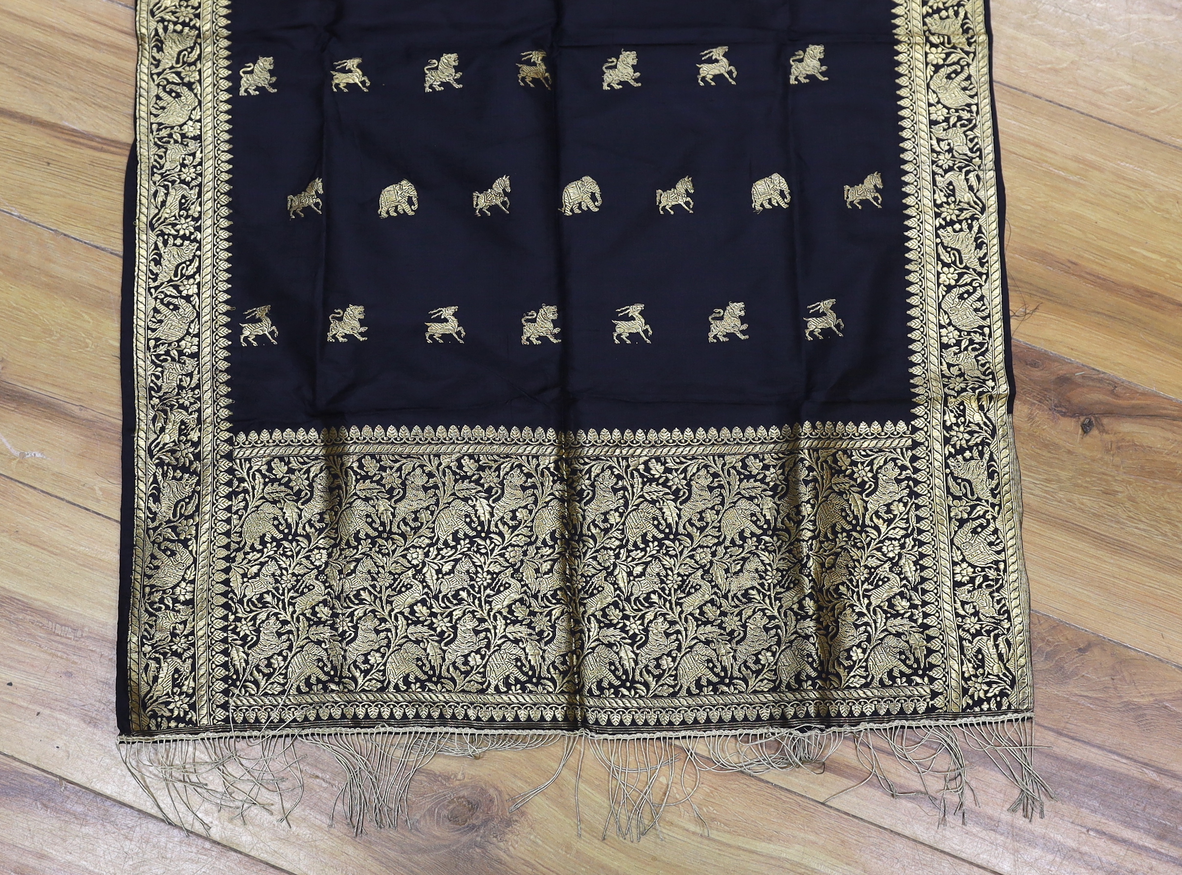 A gold thread Indian embroidered stole, 184 x 57cm